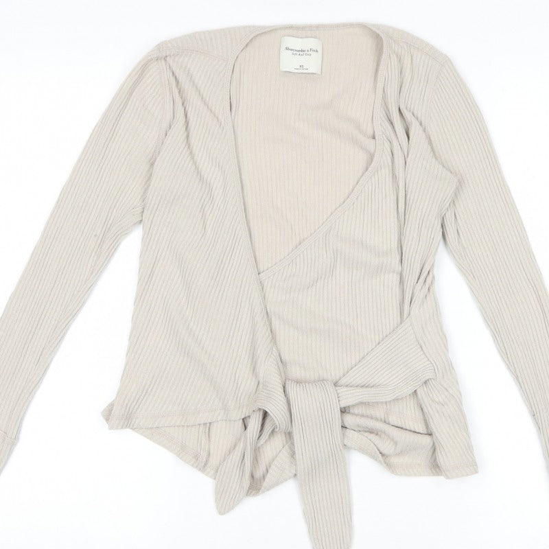 Abercrombie & Fitch Women Ivory XS Ribbed Wrap Tie Blouse