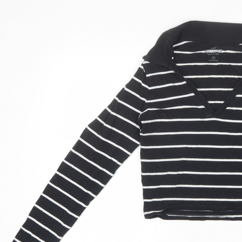 Hollister Women Black White Striped Cropped Long Sleeve Polo Top S