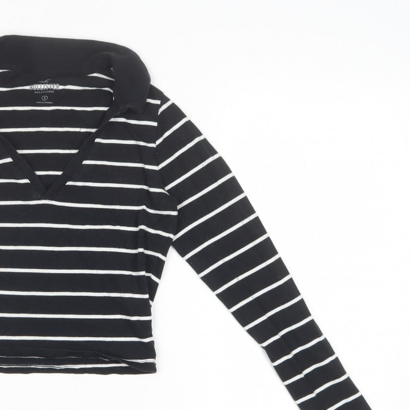 Hollister Women Black White Striped Cropped Long Sleeve Polo Top S