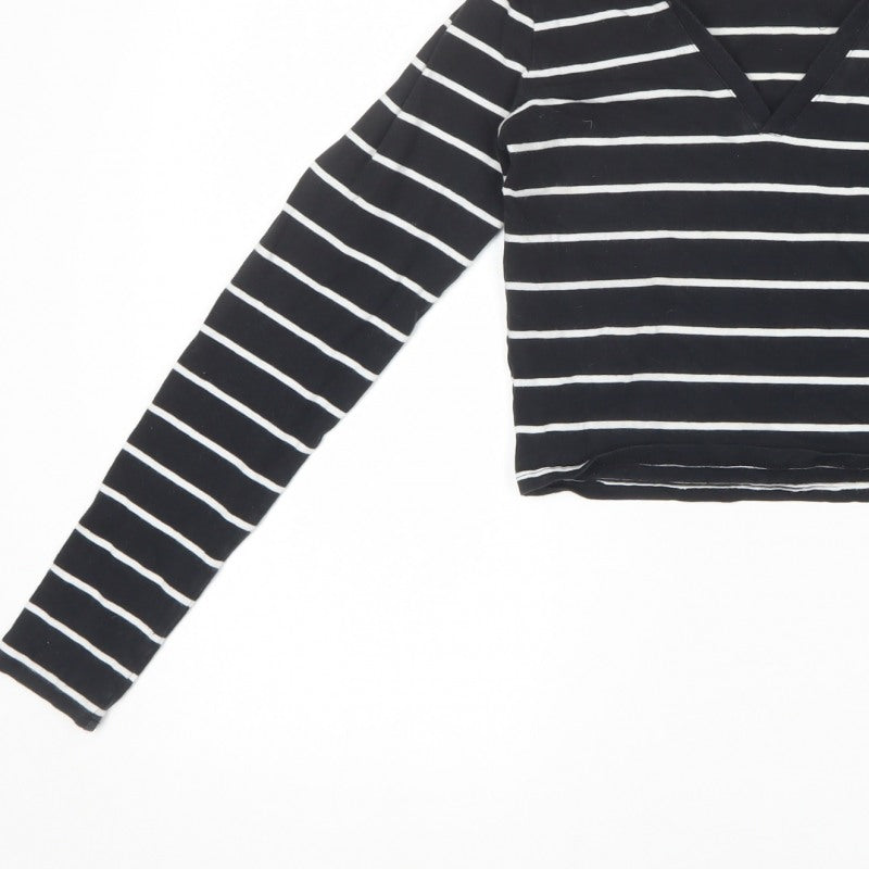 Hollister Women Black White Striped Cropped Long Sleeve Polo Top S