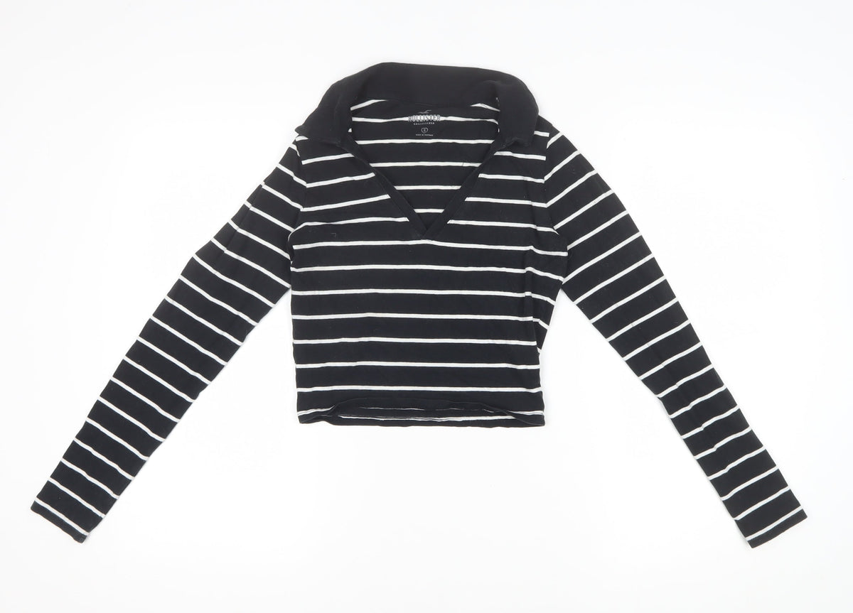 Hollister Women Black White Striped Cropped Long Sleeve Polo Top S