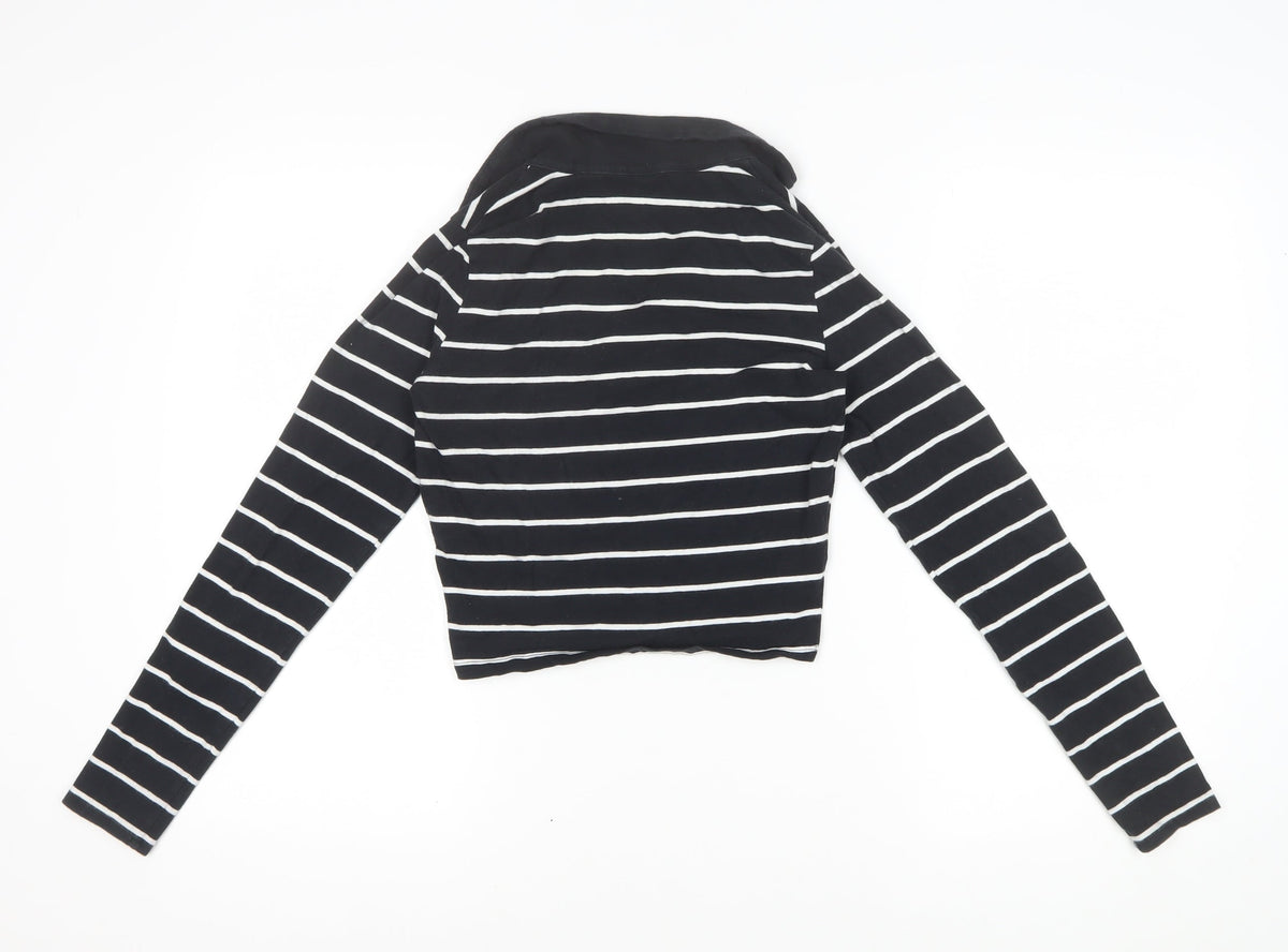 Hollister Women Black White Striped Cropped Long Sleeve Polo Top S