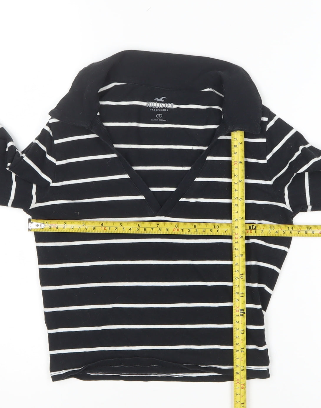 Hollister Women Black White Striped Cropped Long Sleeve Polo Top S