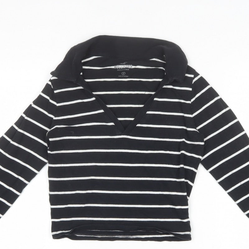 Hollister Women Black White Striped Cropped Long Sleeve Polo Top S