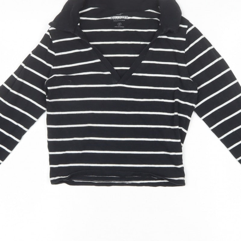 Hollister Women Black White Striped Cropped Long Sleeve Polo Top S