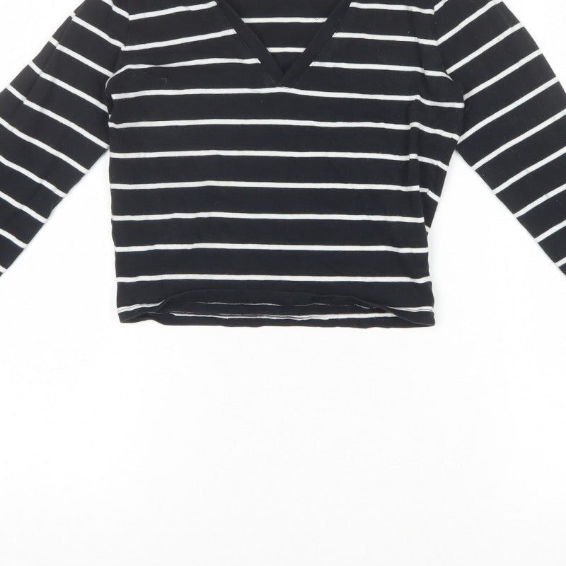 Hollister Women Black White Striped Cropped Long Sleeve Polo Top S