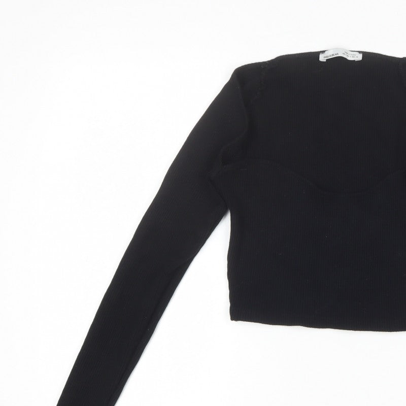 Pull&Bear Women Black S Cropped Rib Knit Sweetheart Long Sleeve Top