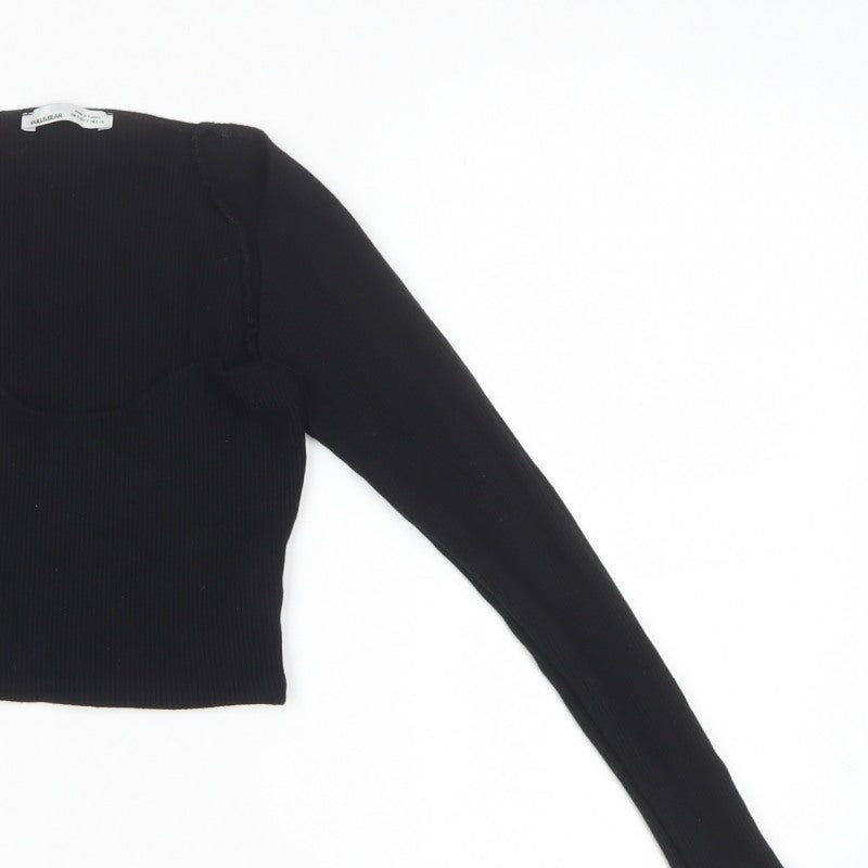 Pull&Bear Women Black S Cropped Rib Knit Sweetheart Long Sleeve Top