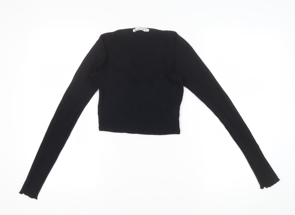 Pull&Bear Women Black S Cropped Rib Knit Sweetheart Long Sleeve Top