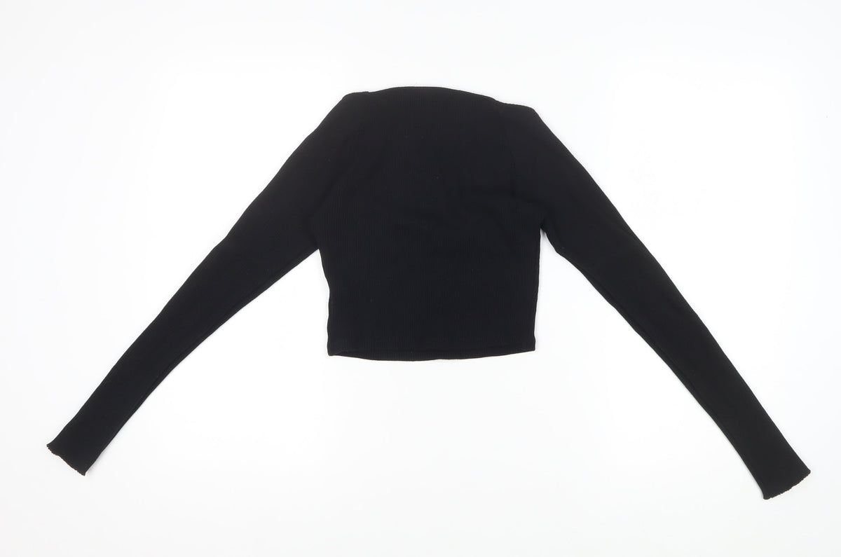 Pull&Bear Women Black S Cropped Rib Knit Sweetheart Long Sleeve Top