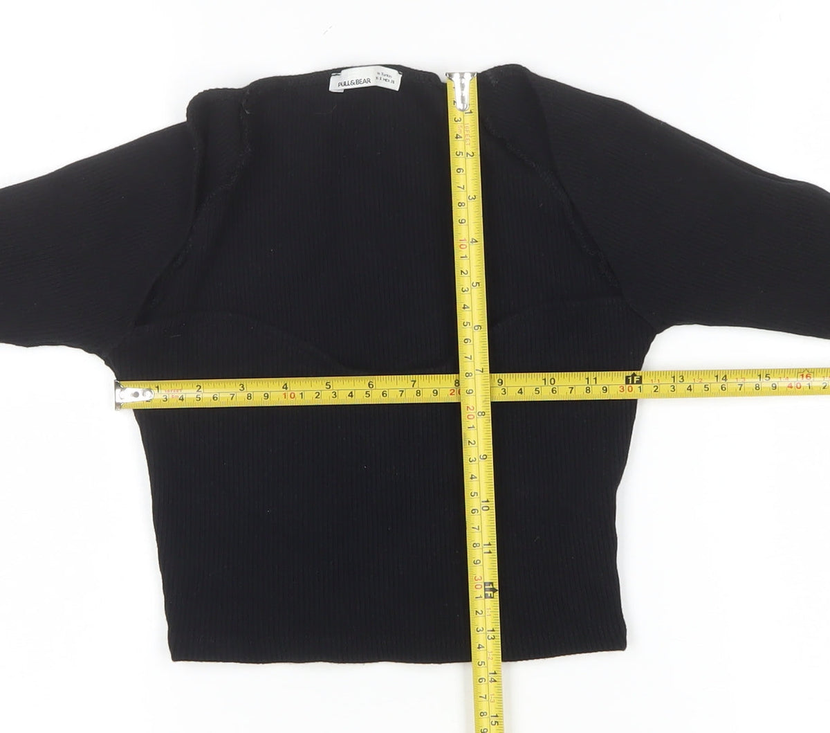 Pull&Bear Women Black S Cropped Rib Knit Sweetheart Long Sleeve Top