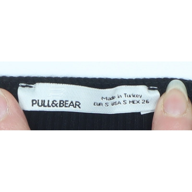 Pull&Bear Women Black S Cropped Rib Knit Sweetheart Long Sleeve Top