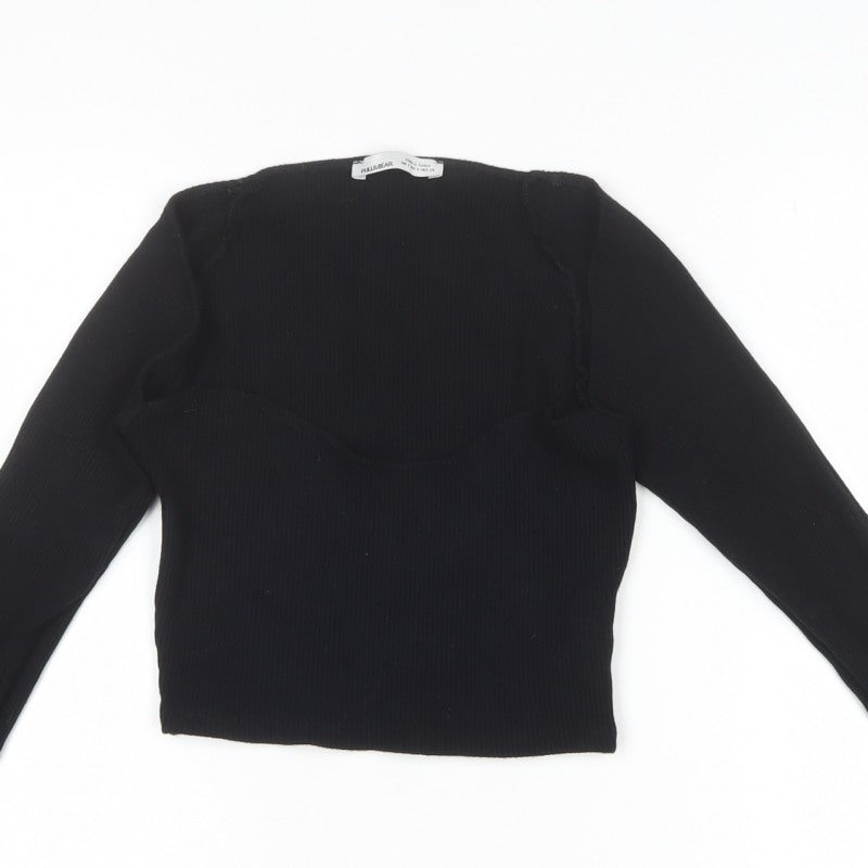 Pull&Bear Women Black S Cropped Rib Knit Sweetheart Long Sleeve Top