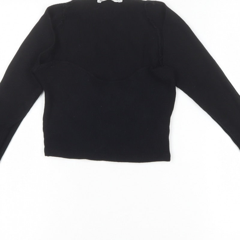 Pull&Bear Women Black S Cropped Rib Knit Sweetheart Long Sleeve Top