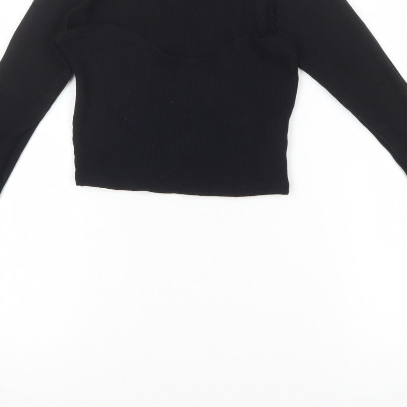 Pull&Bear Women Black S Cropped Rib Knit Sweetheart Long Sleeve Top