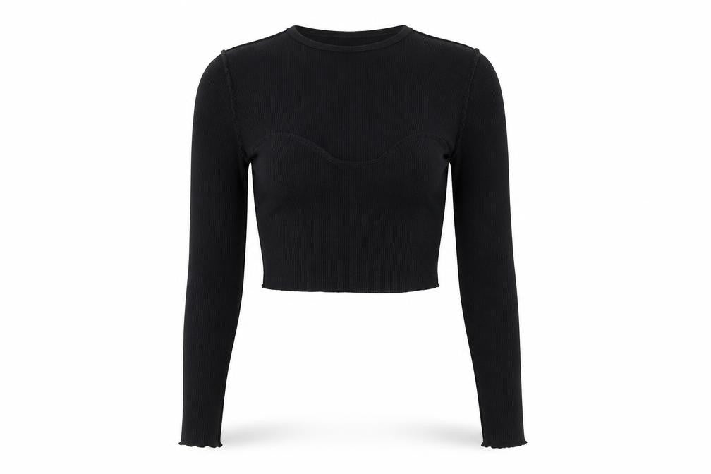 Pull&Bear Women Black S Cropped Rib Knit Sweetheart Long Sleeve Top