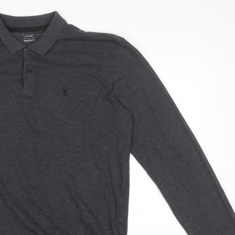 Next Men's Dark Grey L Long Sleeve Cotton Regular Fit Polo