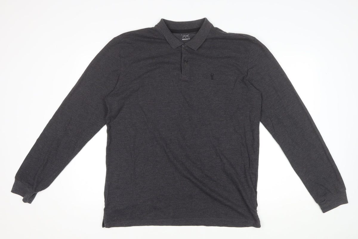 Next Men's Dark Grey L Long Sleeve Cotton Regular Fit Polo