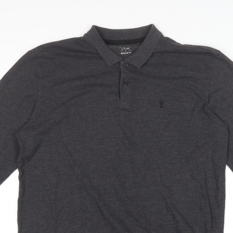 Next Men's Dark Grey L Long Sleeve Cotton Regular Fit Polo