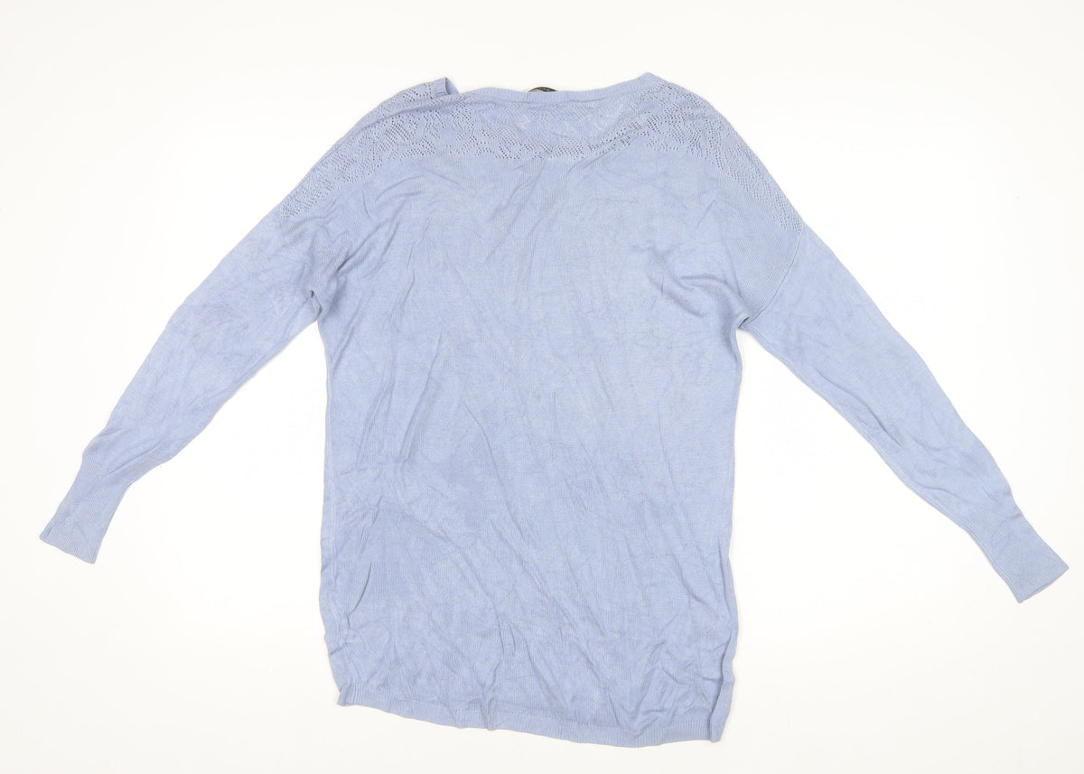 Oasis Women Blue Size S Viscose Open-Knit Yoke Pullover Jumper