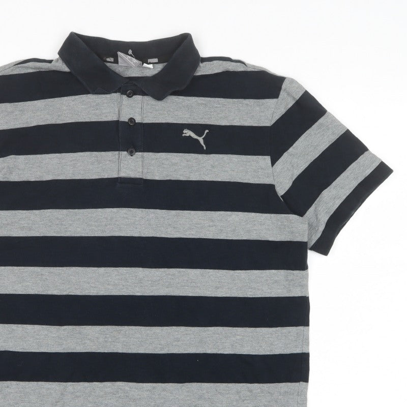 PUMA Men's Black Grey Striped Polo Shirt L Short Sleeve Logo