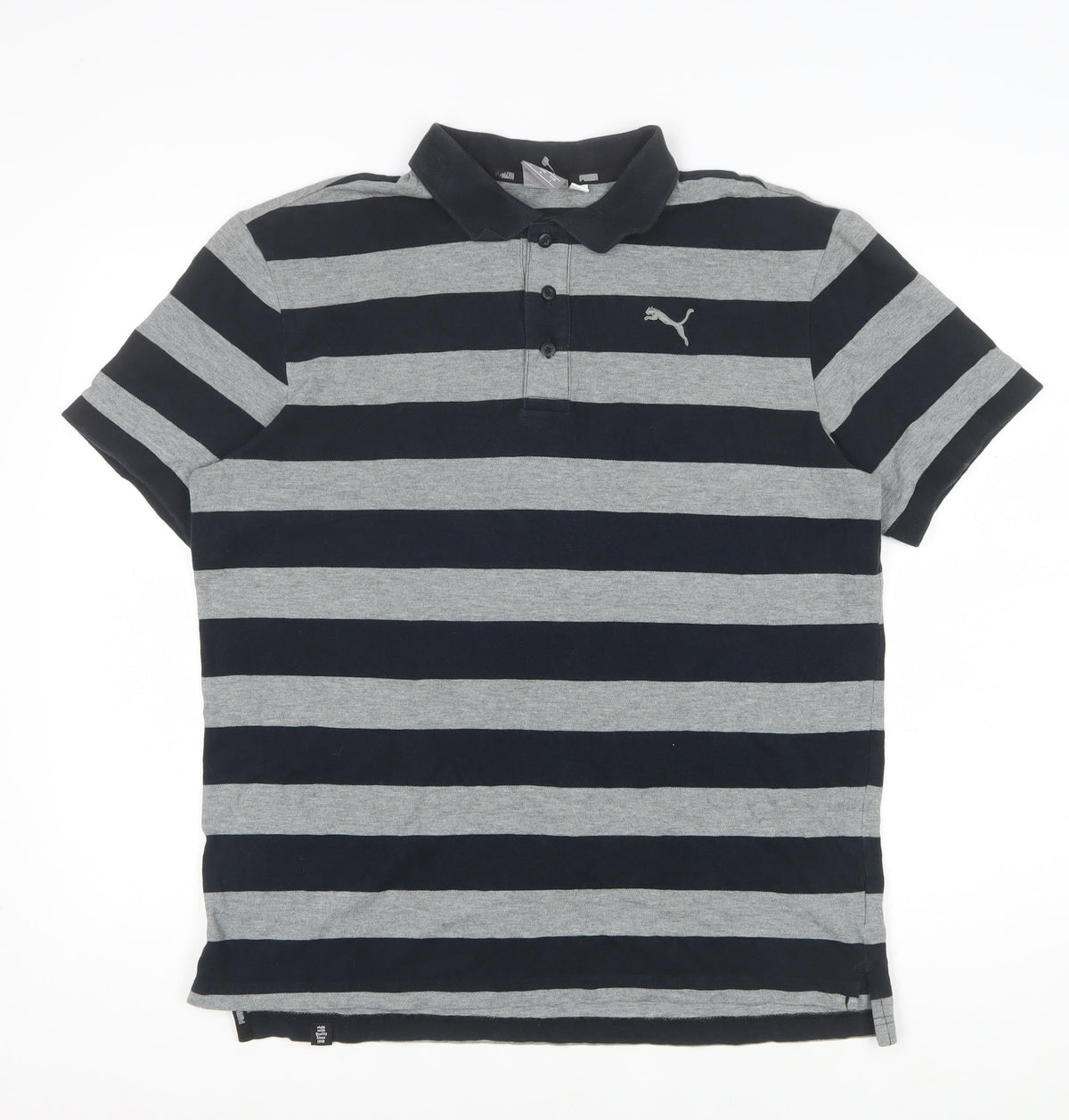 PUMA Men's Black Grey Striped Polo Shirt L Short Sleeve Logo