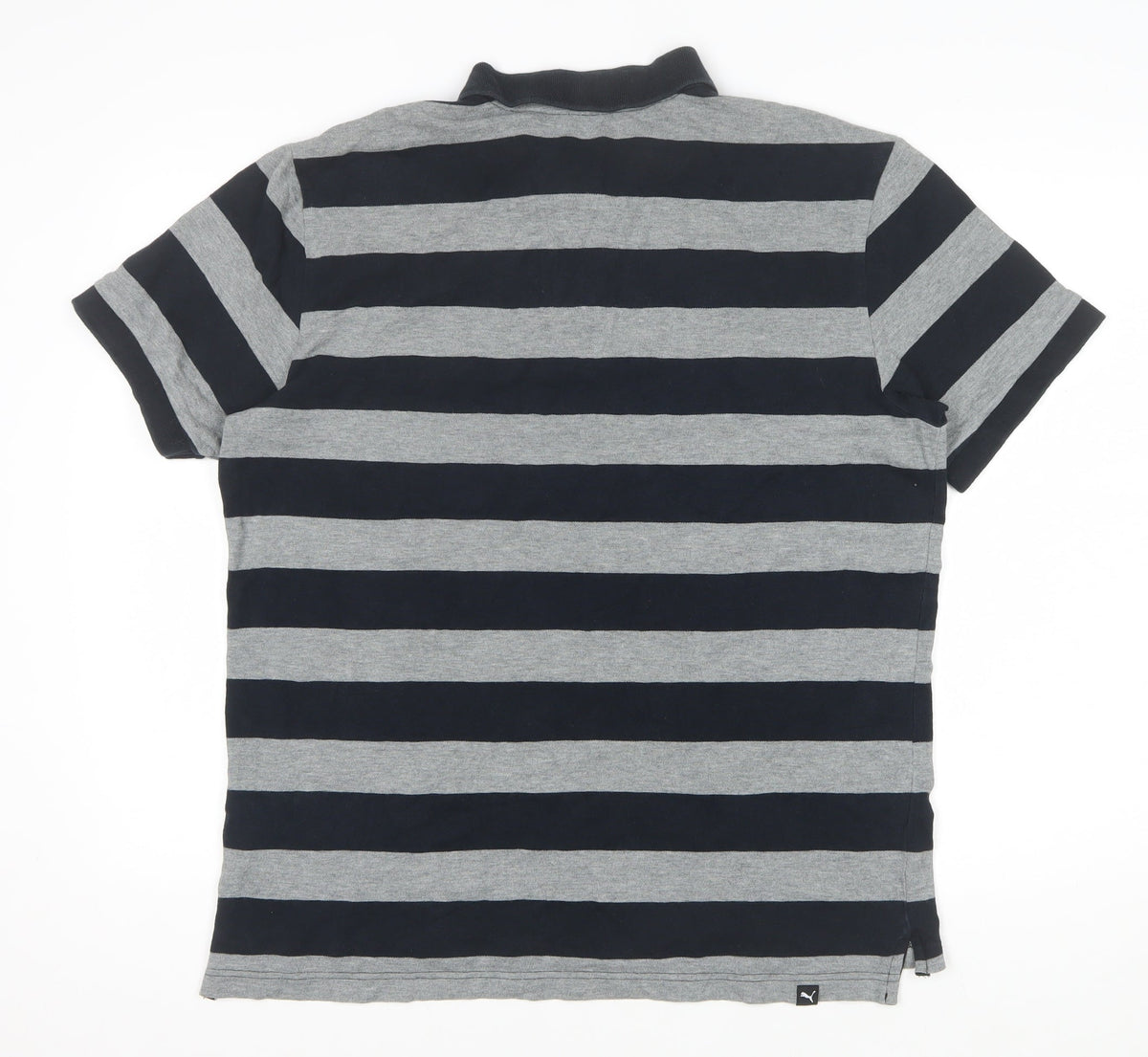 PUMA Men's Black Grey Striped Polo Shirt L Short Sleeve Logo