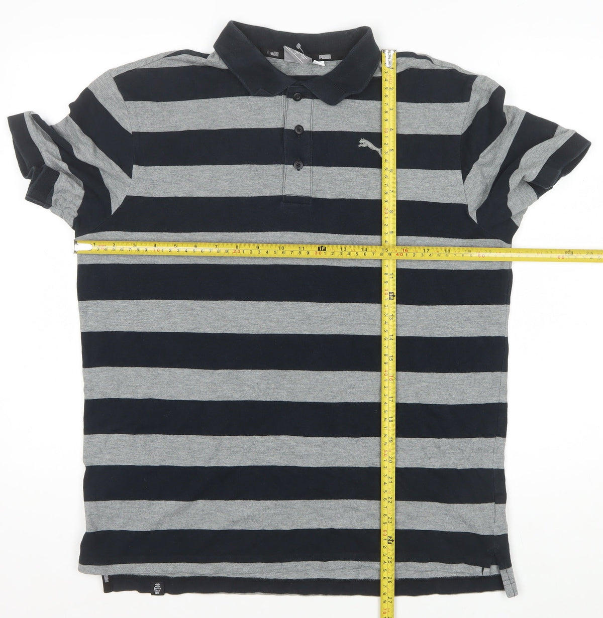 PUMA Men's Black Grey Striped Polo Shirt L Short Sleeve Logo