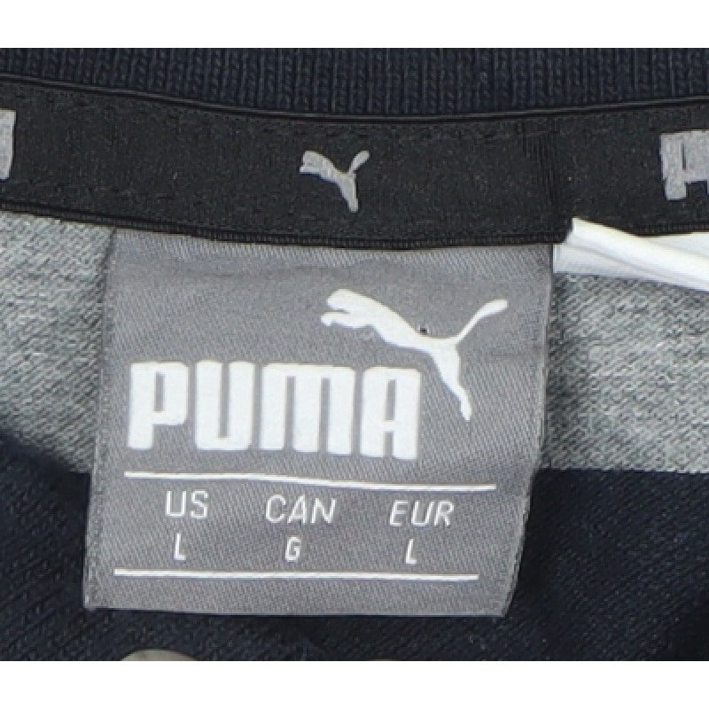 PUMA Men's Black Grey Striped Polo Shirt L Short Sleeve Logo