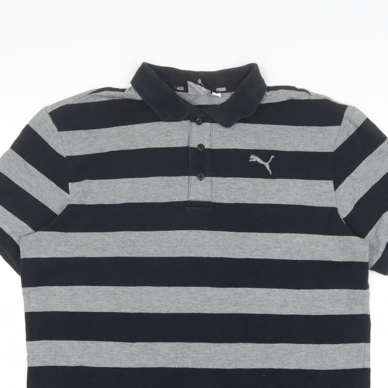 PUMA Men's Black Grey Striped Polo Shirt L Short Sleeve Logo