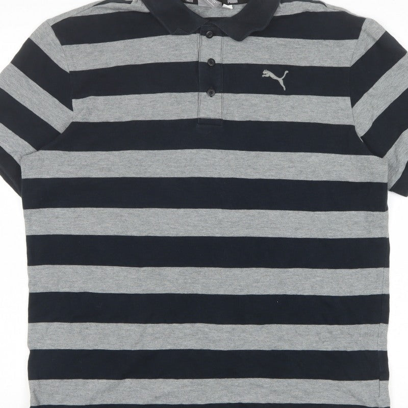 PUMA Men's Black Grey Striped Polo Shirt L Short Sleeve Logo