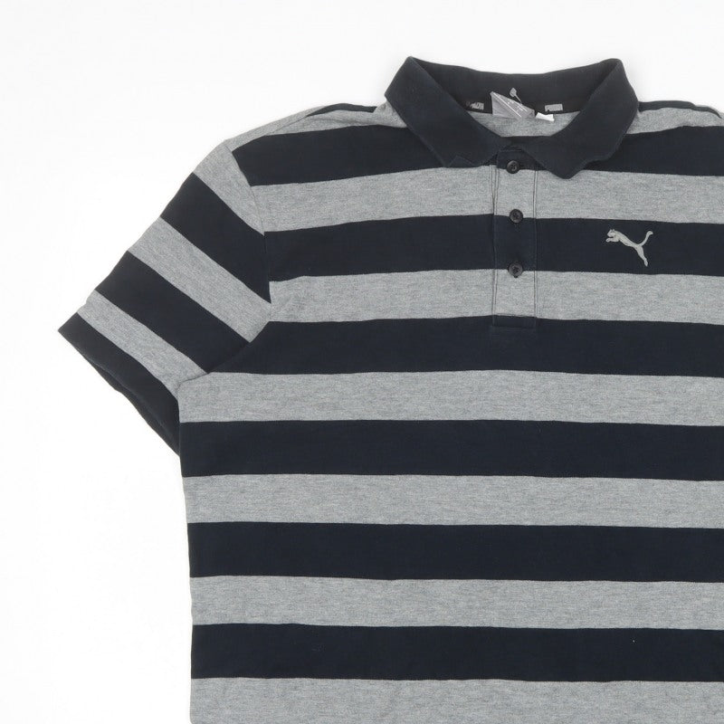 PUMA Men's Black Grey Striped Polo Shirt L Short Sleeve Logo