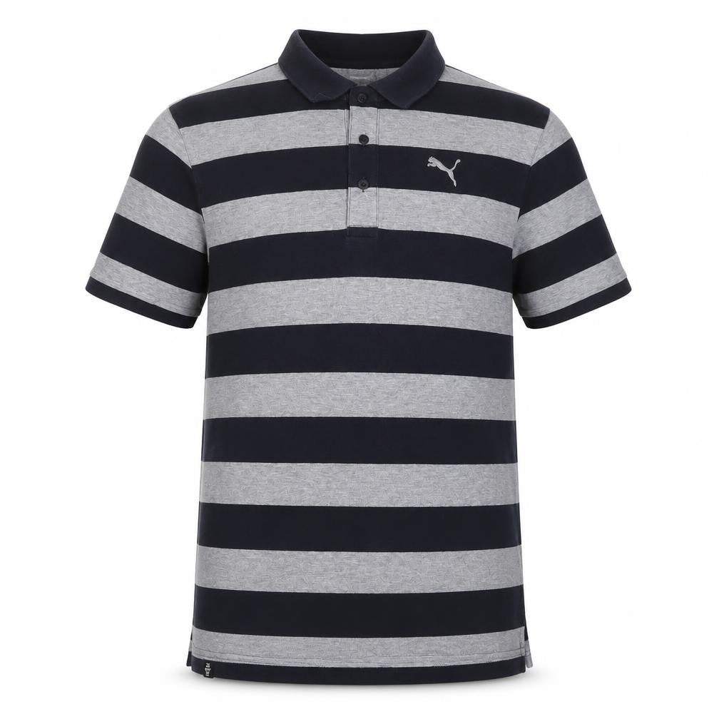 PUMA Men's Black Grey Striped Polo Shirt L Short Sleeve Logo