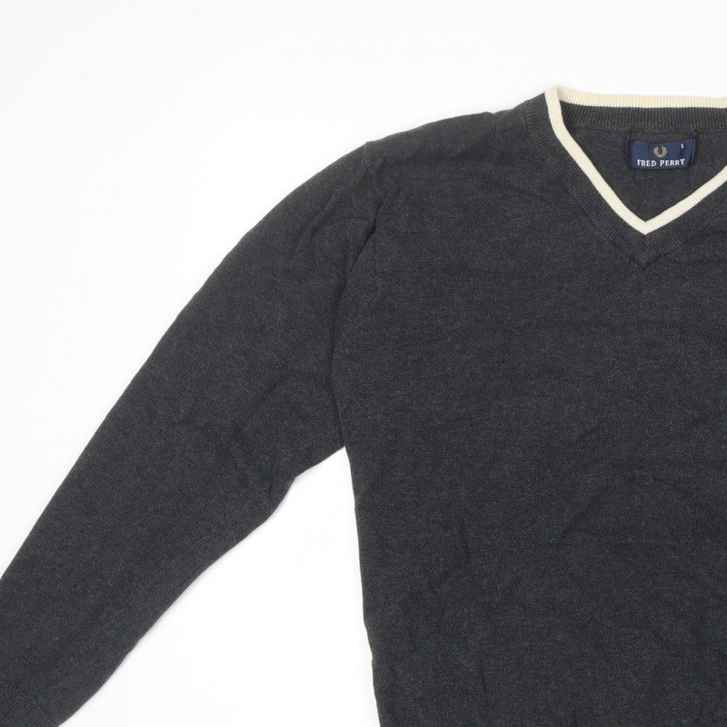 Fred Perry Men’s Grey S V-Neck Cotton Logo Pullover Jumper