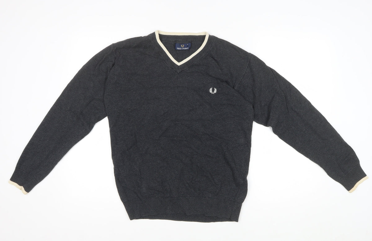 Fred Perry Men’s Grey S V-Neck Cotton Logo Pullover Jumper