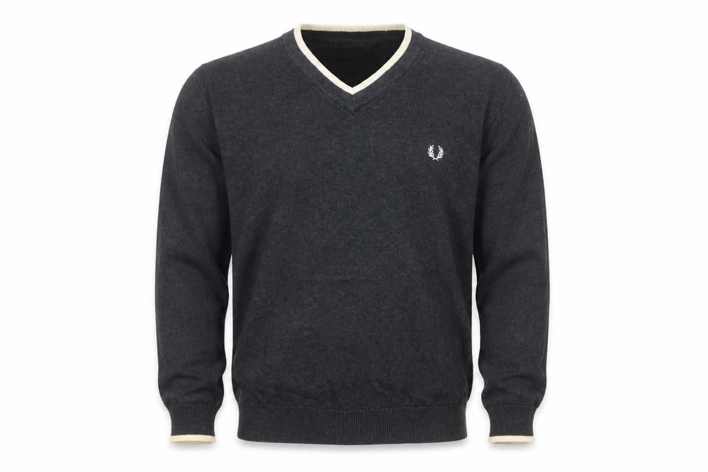Fred Perry Men’s Grey S V-Neck Cotton Logo Pullover Jumper