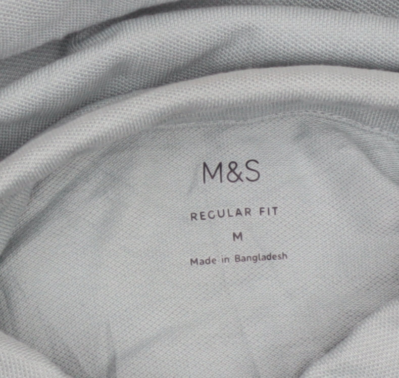 M&S Mens Blue M Regular Fit Long Sleeve Cotton Polo Shirt