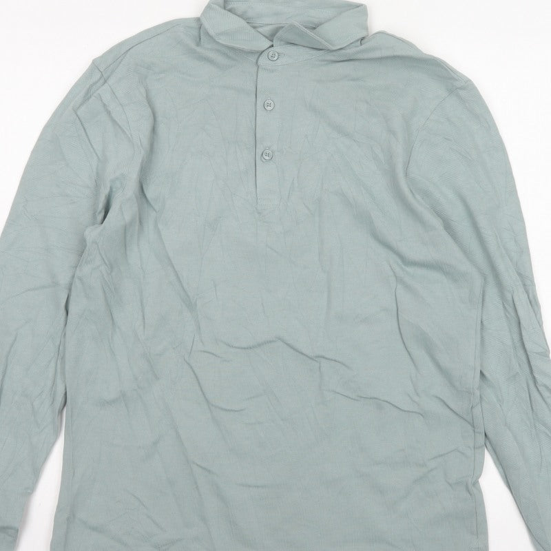 M&S Mens Blue M Regular Fit Long Sleeve Cotton Polo Shirt