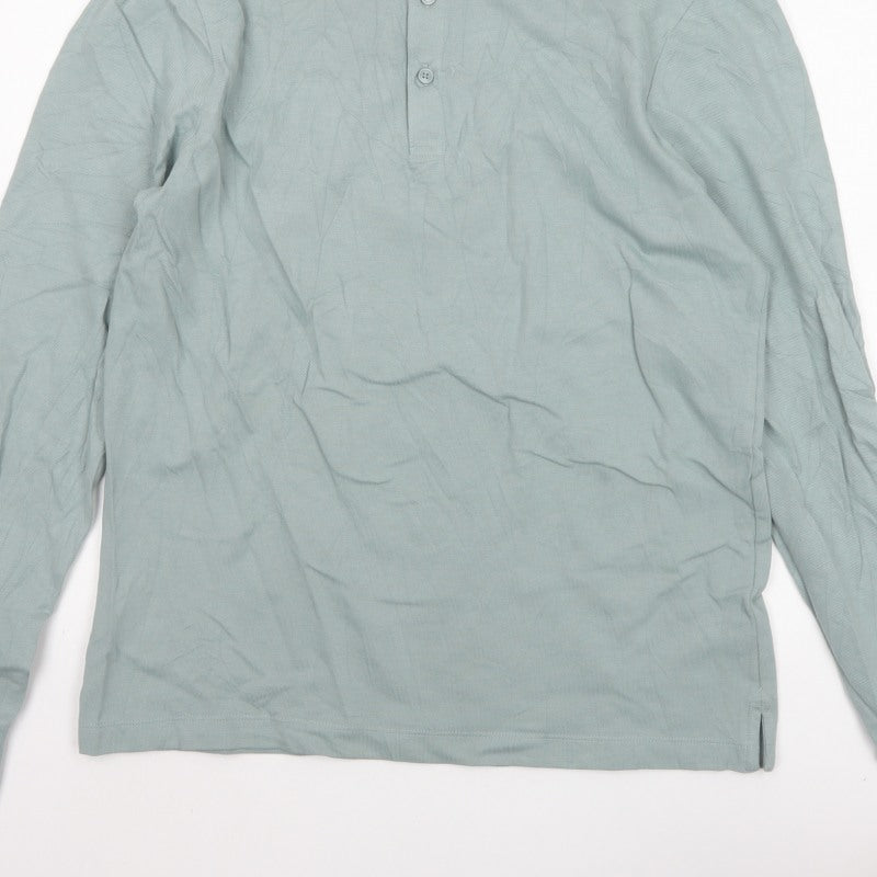 M&S Mens Blue M Regular Fit Long Sleeve Cotton Polo Shirt