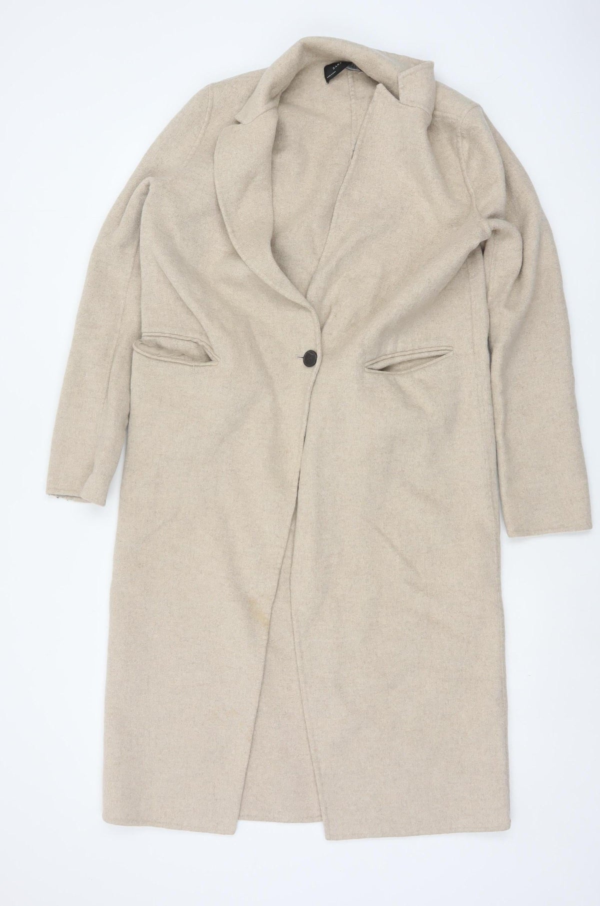 Zara Women Beige S Wool Blend Long Overcoat Single Breasted