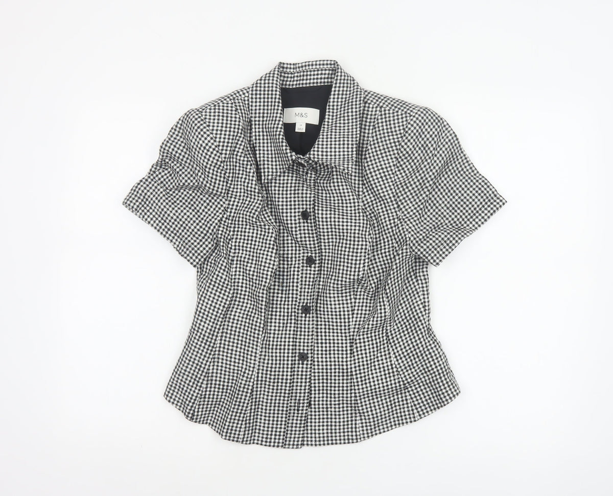 Marks & Spencer Women Black White UK 10 Check Ruffle Linen Blouse