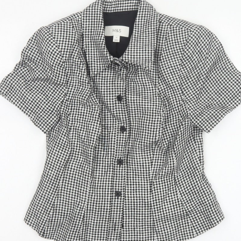 Marks & Spencer Women Black White UK 10 Check Ruffle Linen Blouse