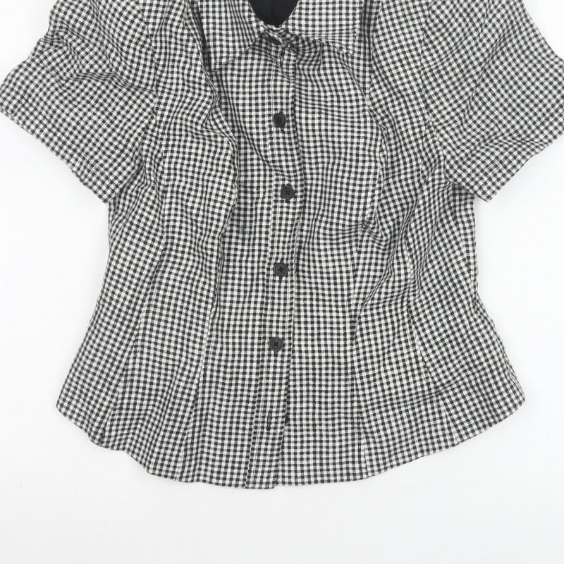 Marks & Spencer Women Black White UK 10 Check Ruffle Linen Blouse