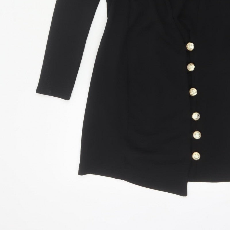 Boohoo Women Black UK 10 Gold Button Collared Jacket Dress