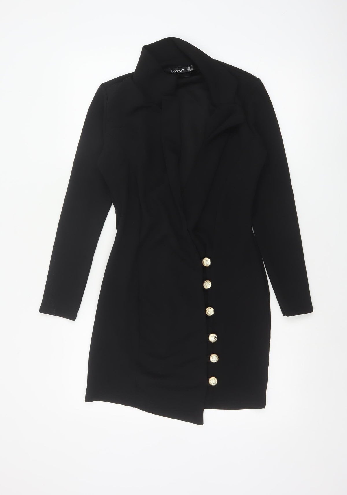 Boohoo Women Black UK 10 Gold Button Collared Jacket Dress