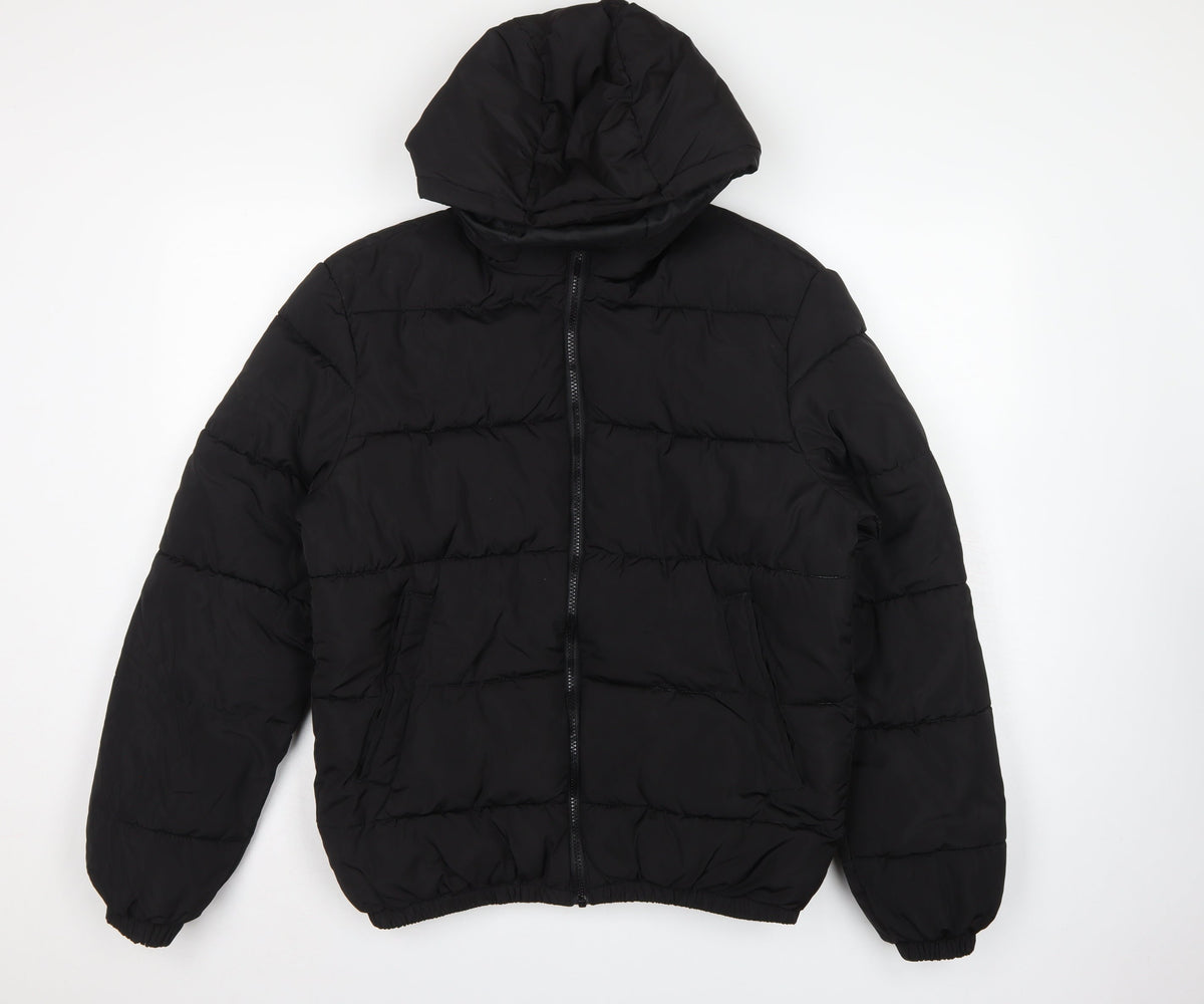 H&M Men's Black S Hooded Puffer Jacket Quilted Full Zip