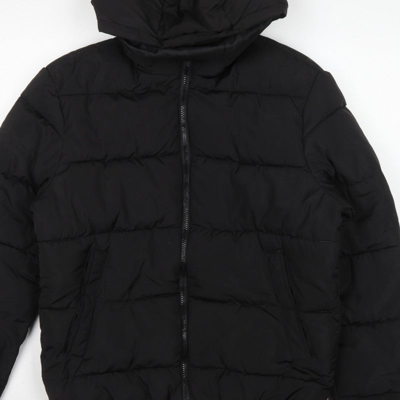 H&M Men's Black S Hooded Puffer Jacket Quilted Full Zip