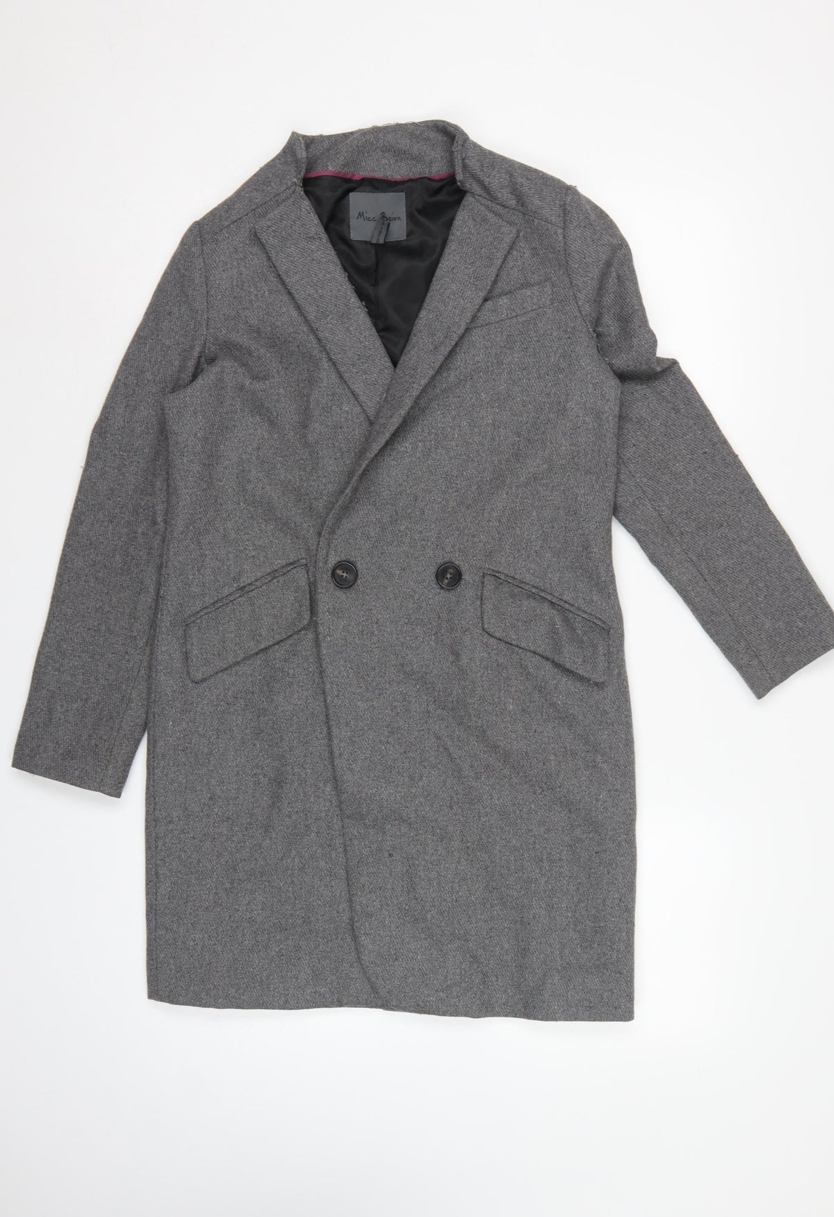 Micc Beirn Men's Grey Herringbone Long Overcoat Lined Size S