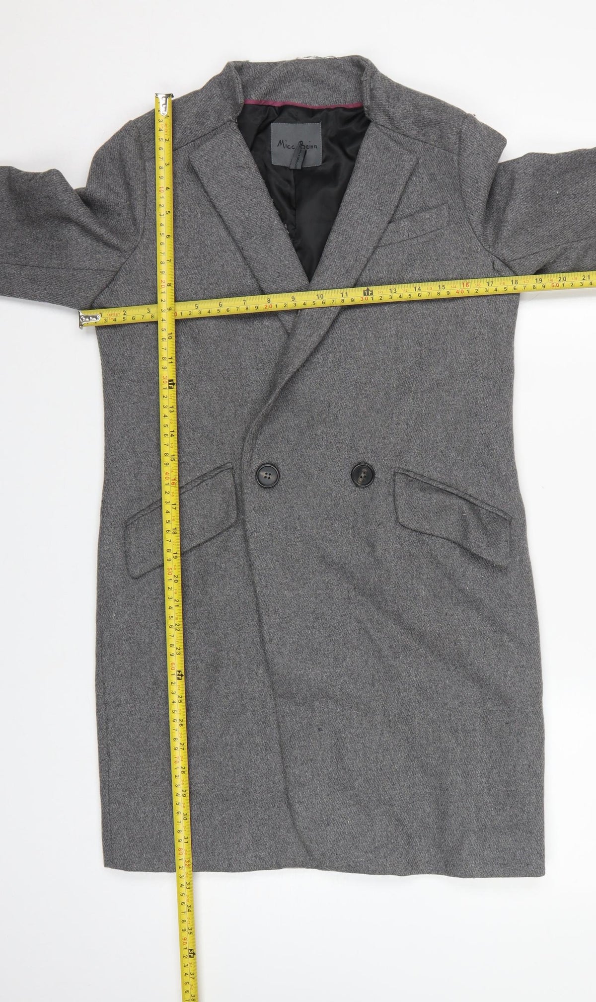 Micc Beirn Men's Grey Herringbone Long Overcoat Lined Size S