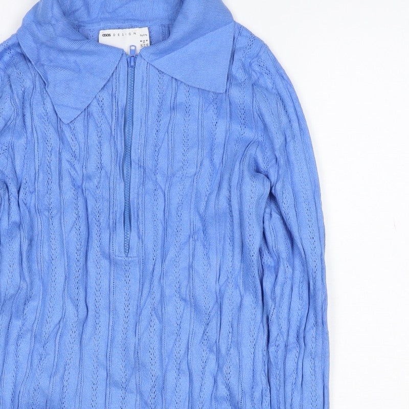 ASOS Design Women Blue Petite 8 Cotton Knit Cowl Neck Zip Top